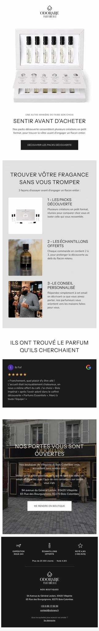 Email 3 du flow de bienvenue Odorare — « Sentir avant d'acheter », packs découverte, échantillons offerts et conseil personnalisé