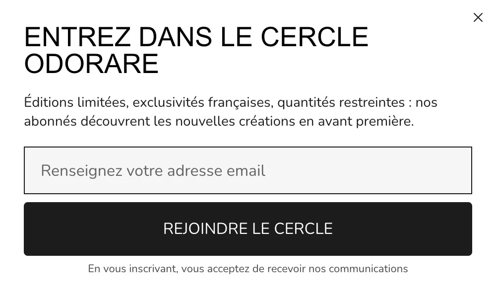 Pop-up d'inscription d'Odorare Parfumerie — « Entrez dans le cercle Odorare », email seul, sans code de réduction