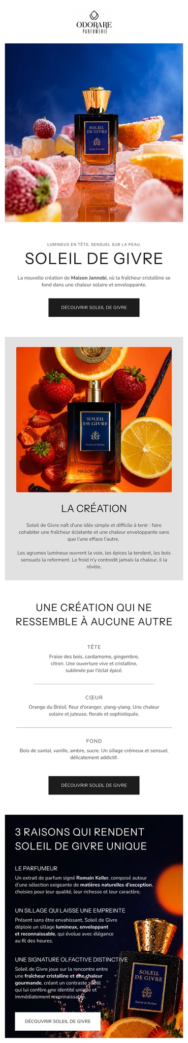 Campagne de lancement Soleil de Givre pour Odorare Parfumerie — récit de la création et pyramide olfactive tête, cœur, fond