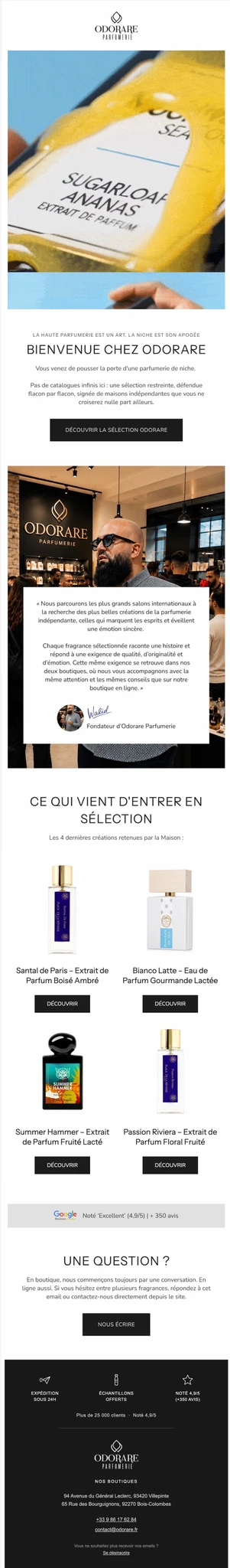 Email 1 du flow de bienvenue Odorare — « Bienvenue chez Odorare », mot du fondateur Walid et dernières créations entrées en sélection