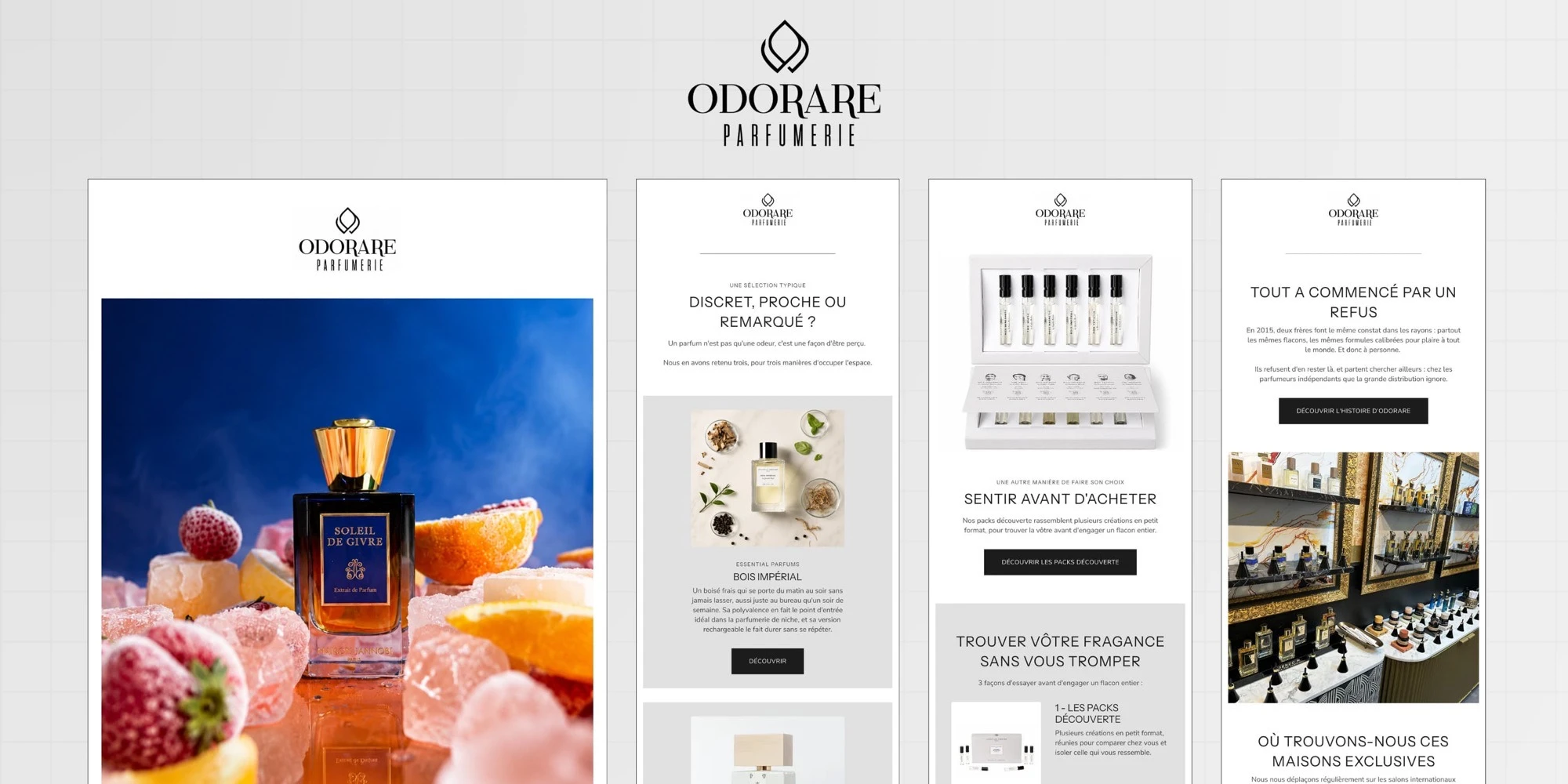 Étude de cas Odorare Parfumerie — aperçu des emails Klaviyo créés pour la parfumerie de niche