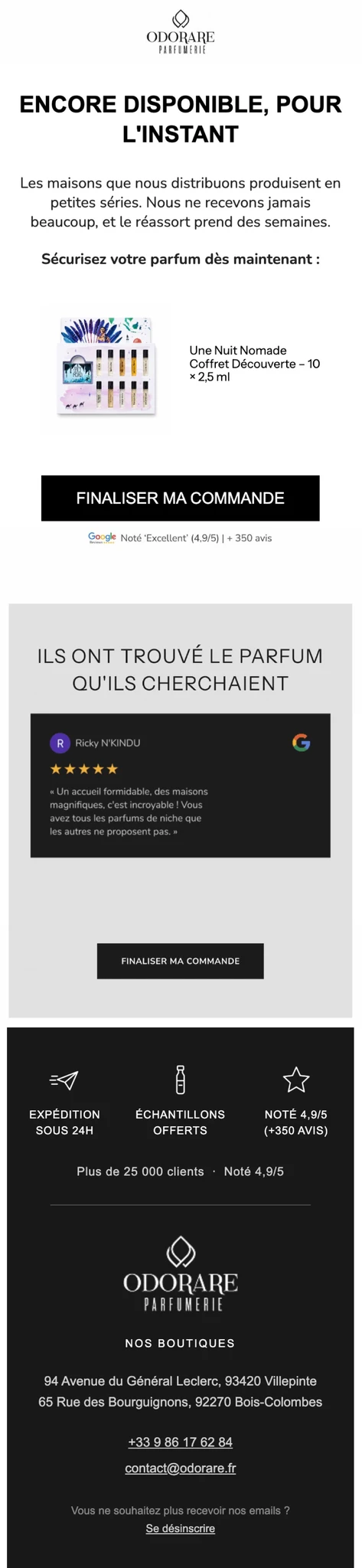Email 2 du flow de checkout abandonné Odorare — « Encore disponible, pour l'instant », petites séries et réassort de plusieurs semaines