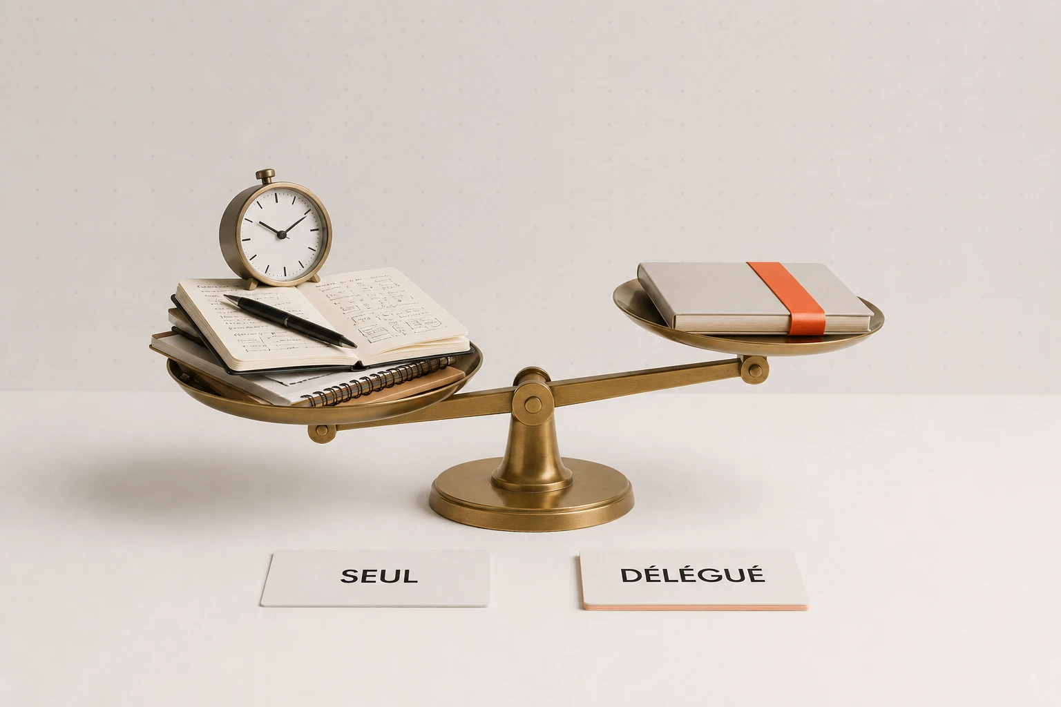 Balance de bureau en laiton dont le plateau SEUL, chargé d’un carnet, d’un stylo et d’un réveil, penche vers le bas face au plateau DÉLÉGUÉ allégé, portant un simple dossier ceinturé de corail