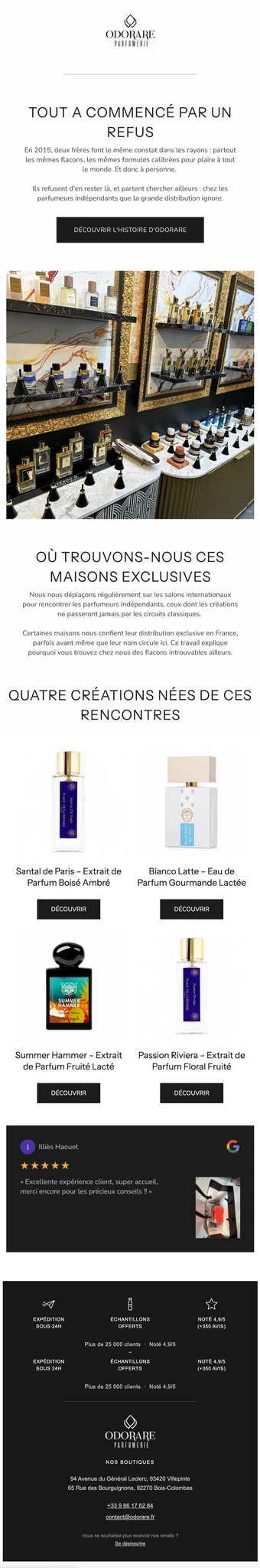 Email 2 du flow de bienvenue Odorare — « Tout a commencé par un refus », l'histoire de la maison et l'origine des exclusivités françaises