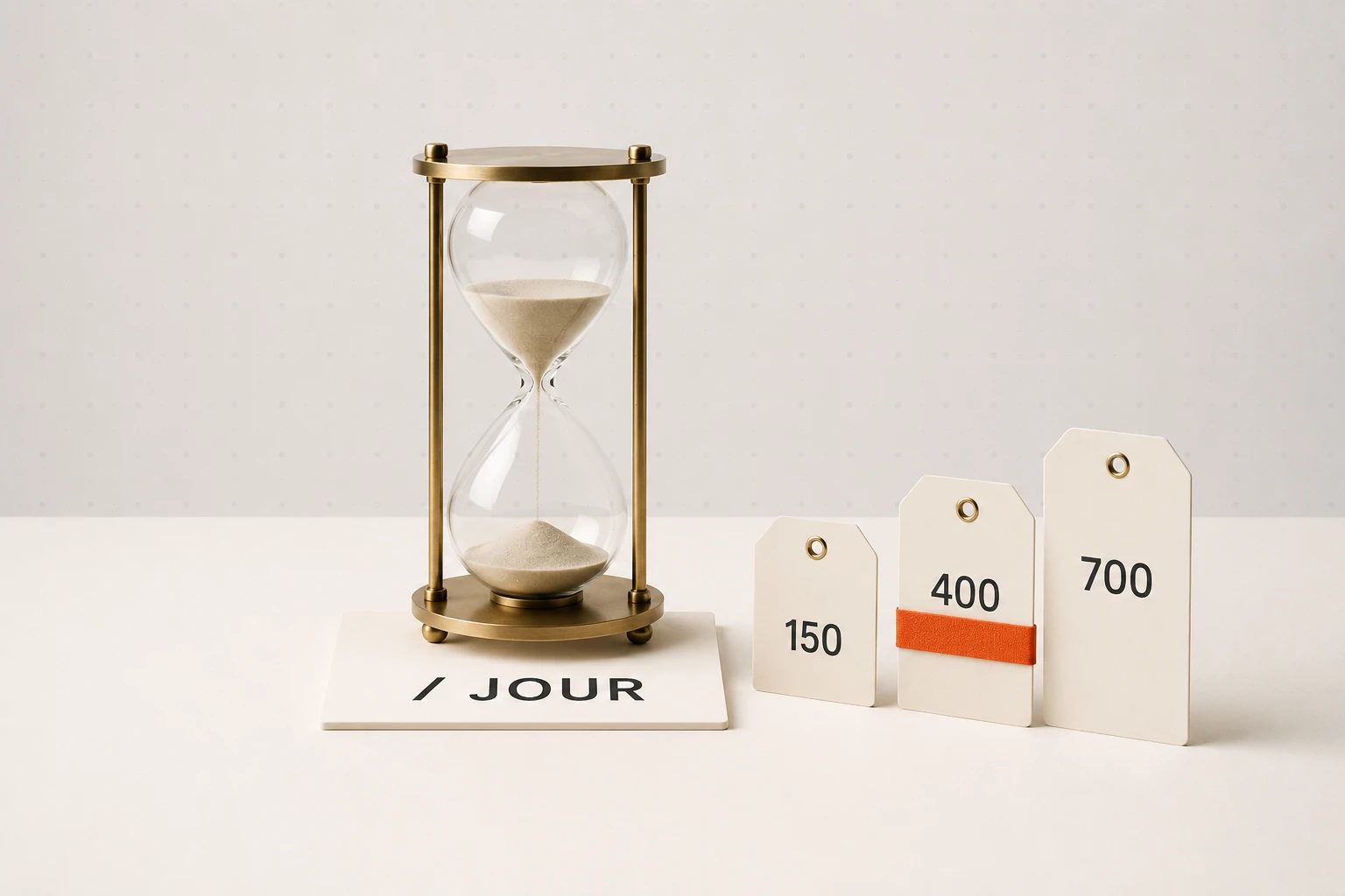 Un sablier de bureau en laiton mat posé sur une fiche portant la mention par jour, à côté de trois étiquettes de prix alignées en escalier — 150, 400 et 700 — celle de 400 ceinturée de corail