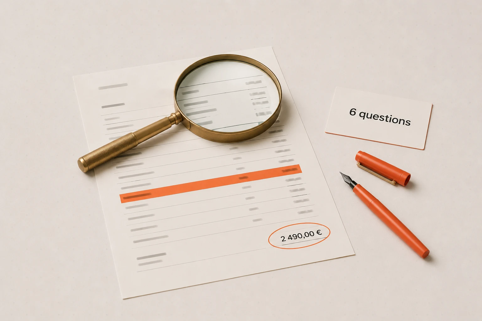 Devis d’agence Klaviyo examiné à la loupe, une ligne tarifaire surlignée en corail et le montant total entouré, à côté d’une carte 6 questions et d’un stylo corail